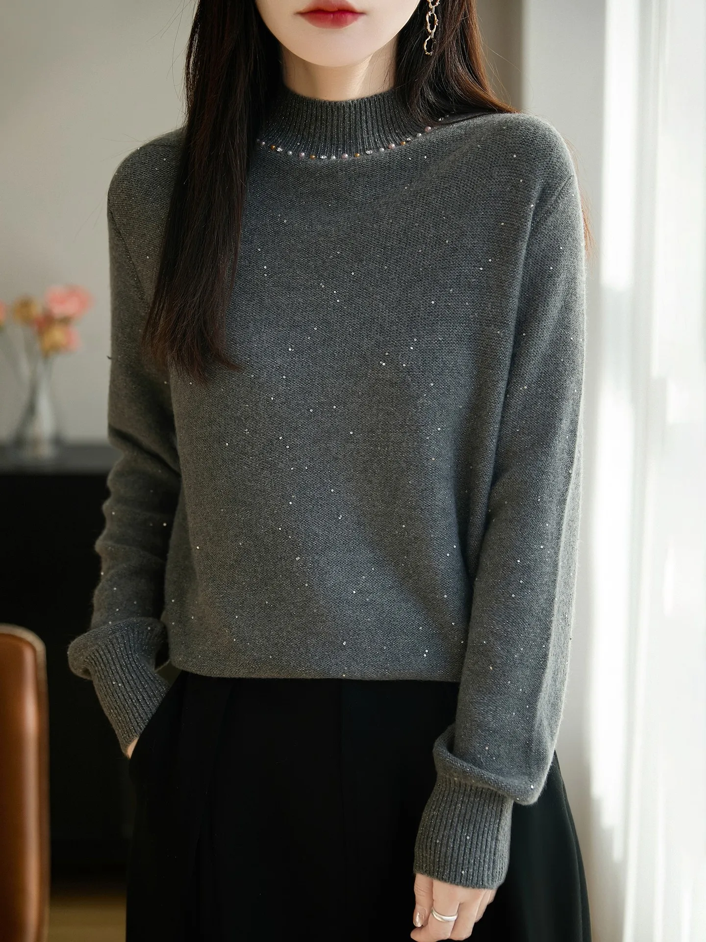 High-End Sequin Knitted Sweater Women's Autumn Winter Thi Warm Base Layer Casual Sle Long Sve f High round Ne