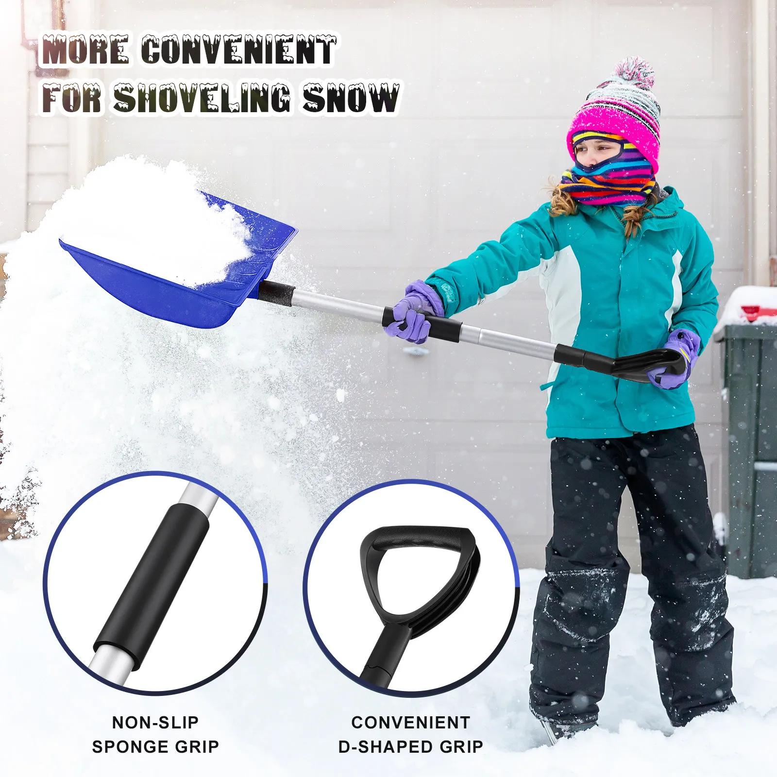 Heavy Duty Collapsible Snow Shovel with Adjustable Aluminum Handle Deep Blade for Snow Removal Ice Scraping Outdoor view 4