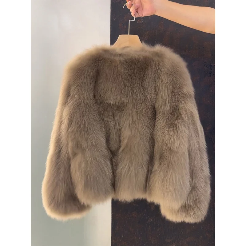 Women Faux Fur Jacket V Neck Gold Buttons PU Leather Splice Pocket Short Coat Elegant Winter Warm Furry Outerwear Ladies