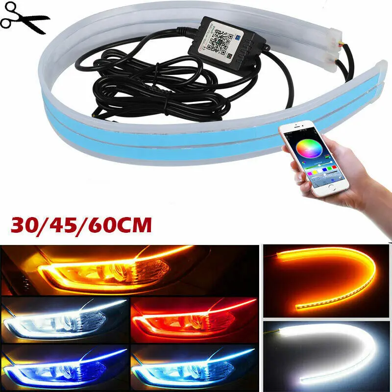 

Headlight RGB Strip LED Turn APP 2X For DRL Signal Slim Flexible 60CM Sequential