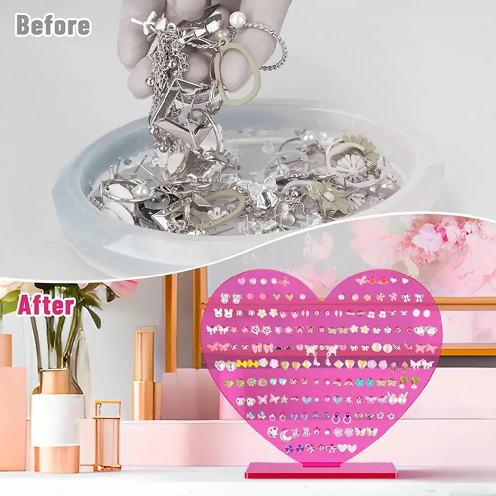 

Jewelry Display Stand Capacity Heart-shaped Acrylic Earring Stand Pink Jewelry Organizer with Multiple Card Slots for Studs