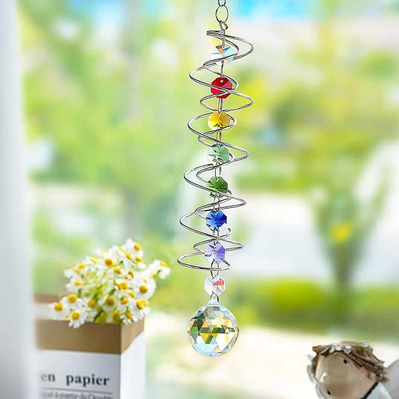 Spiral Tail Wind Spinner Suncatcher Crystal Ball Stabilizer Chakra Bead Hanging Kinetic Wind Chimes Rainbow Maker Garden Decor