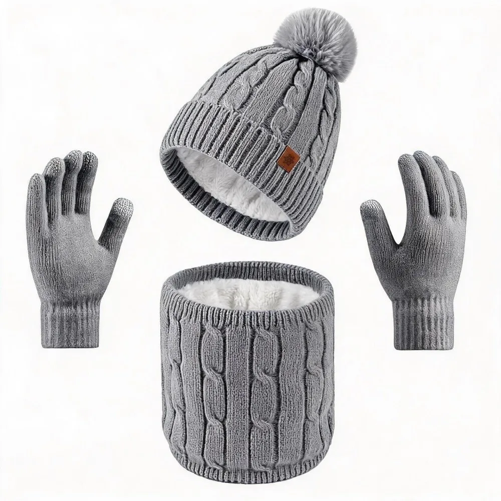 3Pcs/Set Warm Winter Hat Scarf Gloves Set Thicken Lining Scarf Neck Warmer Suit Windproof Elastic Knit Beanie Snood Set