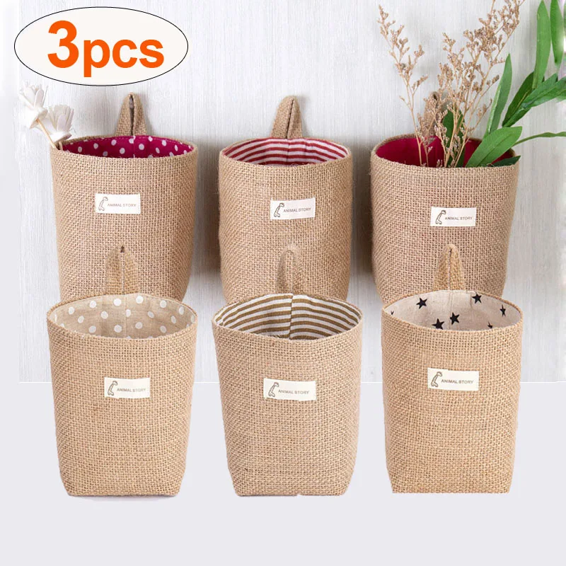 3pcs Jute Linen Basket Storage Organizer Jute Basket For Hanging Plant Basket Toy Storage Basket Hanging Pocket home decoration