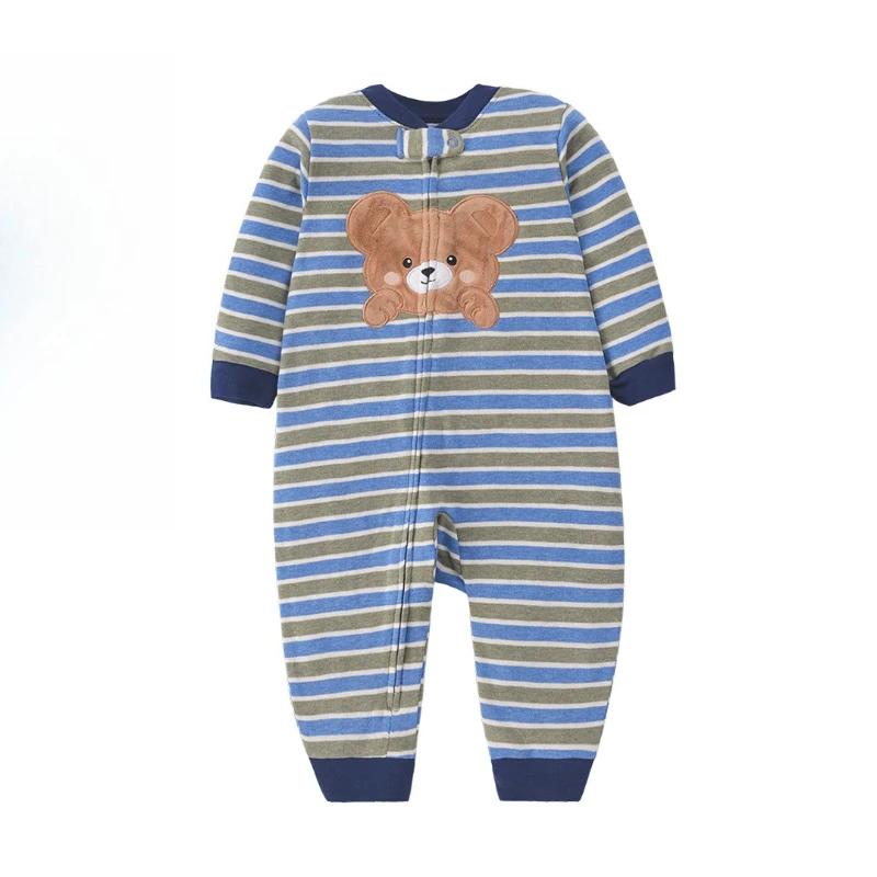 بدلة رومبير مريحة من القطن لحديثي الولادة للجنسين بسحاب قطري لفصل الربيع والخريف للأطفال على شكل دب لطيف ونمط مركبة البناء