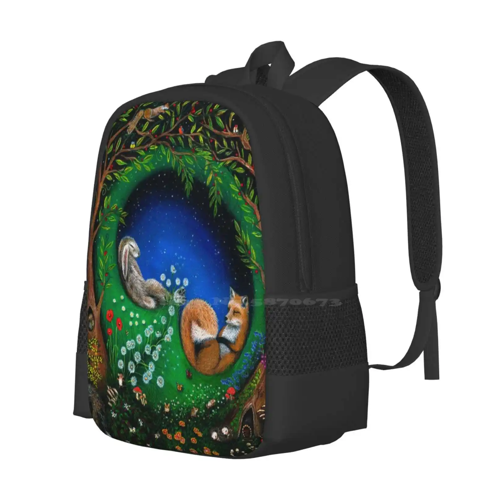 Midsummer Night'S Dream Teen College Student Backpack Pattern Design Bags Fox Hare Peacock Badger Mice Dandelions Trees Forest