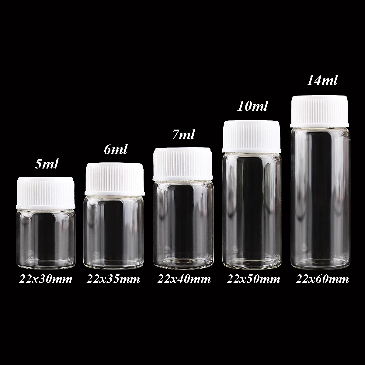 

5ml 6ml 7ml 10ml 14ml Mini Clear Glass Bottles with White Plastic Screw Cap Empty Spice Bottles Jars DIY Crafts Vials