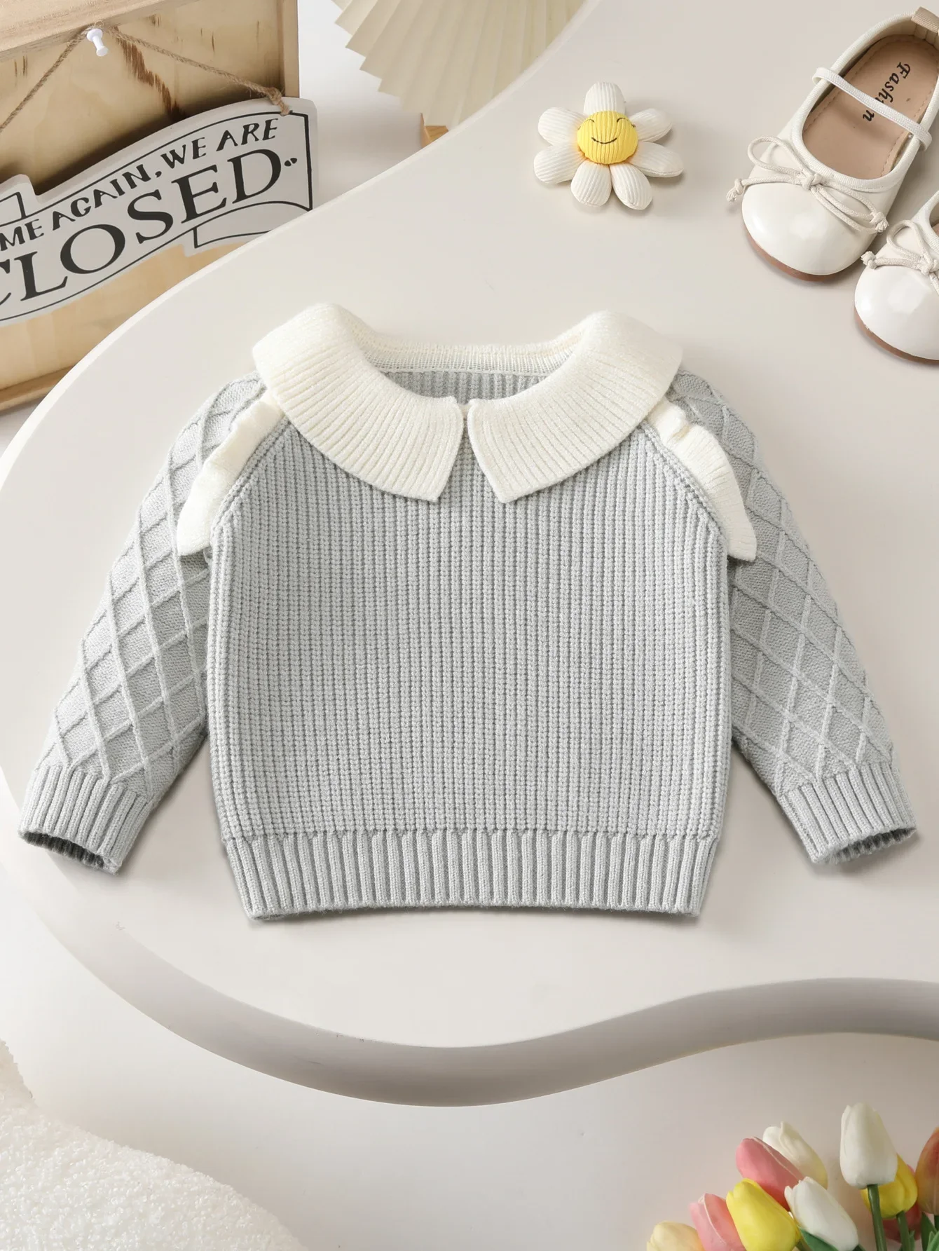 

2025 Autumn Winter Baby Girl Knit Sweater 0-2Y Toddler Infant Korean Style Sweet Peter Pan Collar Diamond Sleeve Pullover