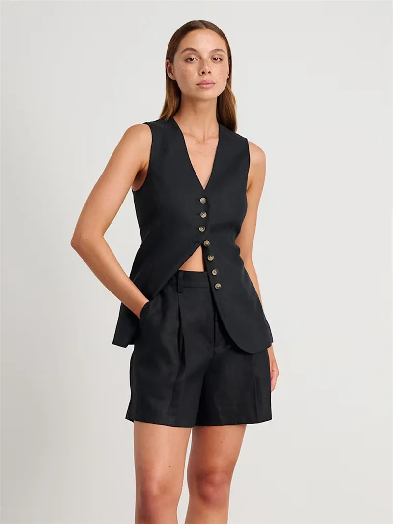 Wedifor Fashion Women Solid Waistcoat Shorts Set Summer Sleeveless V Neck Buttons Vest Tops And Pockets Shorts Matching Suits