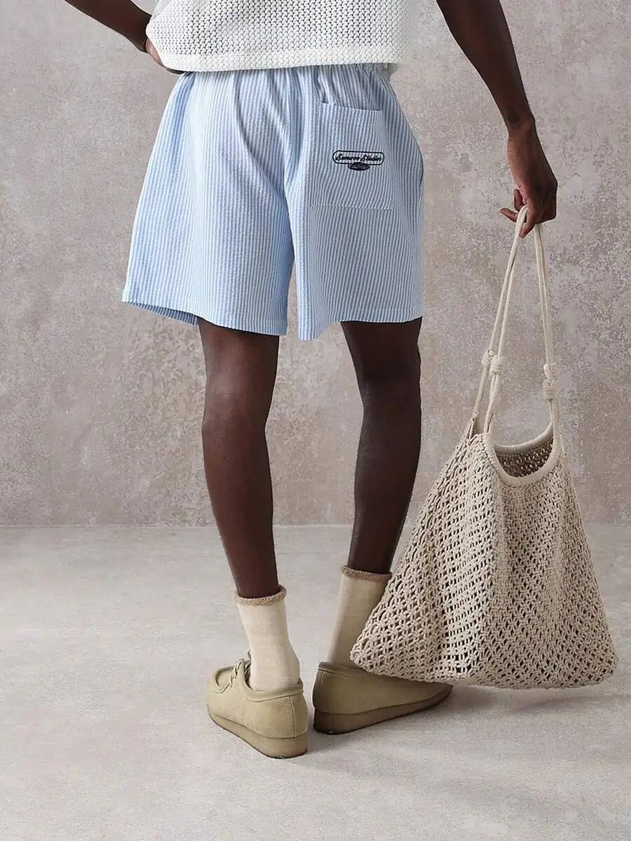 

Lightweight Blue And White Striped Drawstring Shorts For Resort Wear — Breathable, Relaxed Fit Casual Beach Loungewear