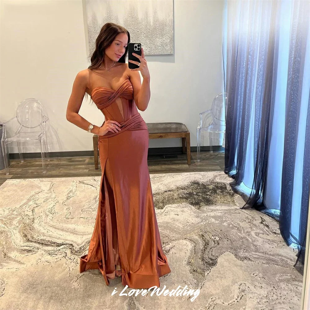 Laranja querida vestido de noite cetim sem mangas plissado sem costas sereia lado split varredura trem vestido de festa de casamento personalizado
