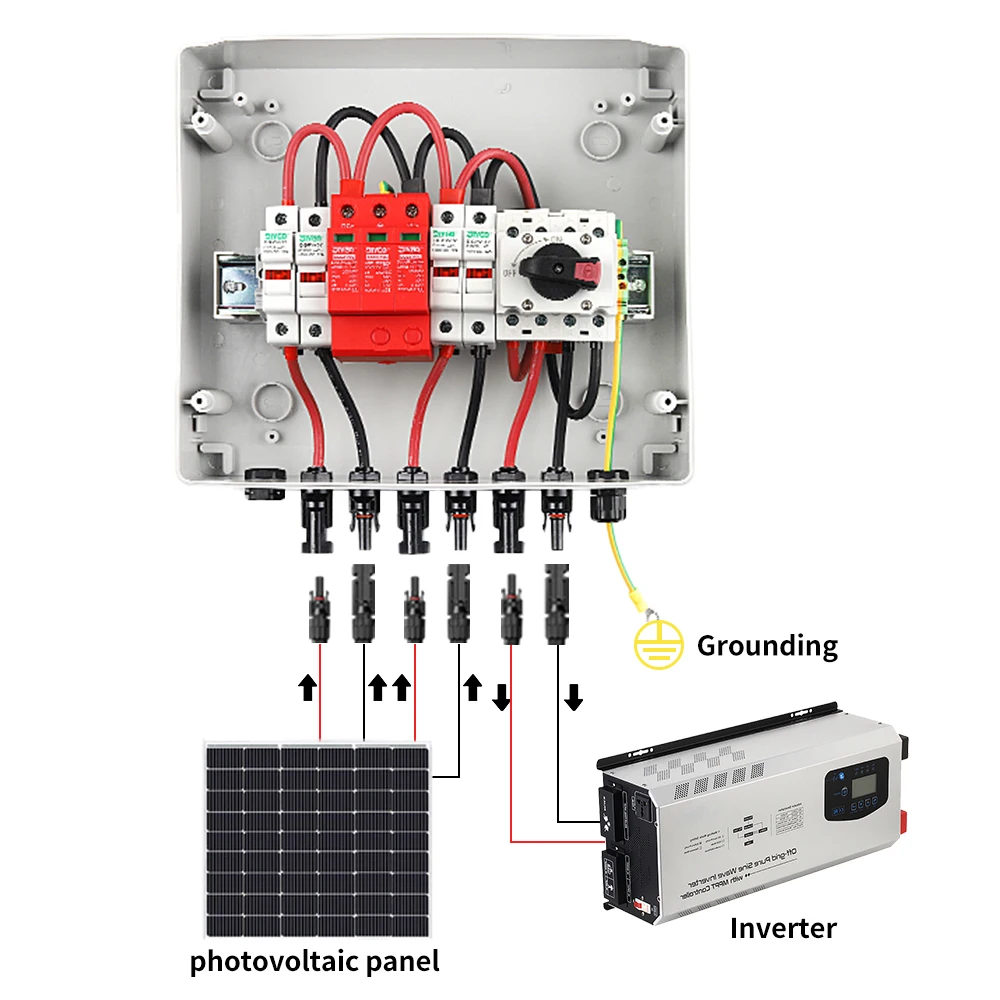Solar PV DC Combiner Box 2 Input 1 Out DC 1000V IP65 Waterproof Rainproof Electrical Box With Lightning Protection Fuse MCB SPD