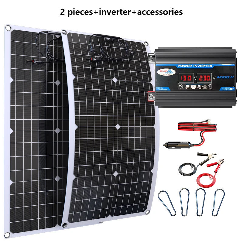 2000W 110V 220V Flexible Solar Panel System 12V Battery Charger Controller 4000W Inverter Kit Complete for Home Outdoor Capming