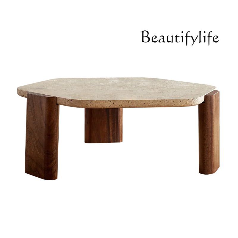 

Nordic black walnut solid wood foot travertine coffee table living room household natural rock marble tea table