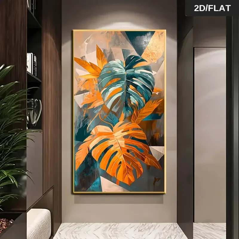 1 قطعة 27.56x55.12 بوصة بدون إطار حديث تجريدي قماش جدار الفن-لوحة أوراق النخيل الأزرق والبرتقالي النابضة بالحياة ، معاصر كبير