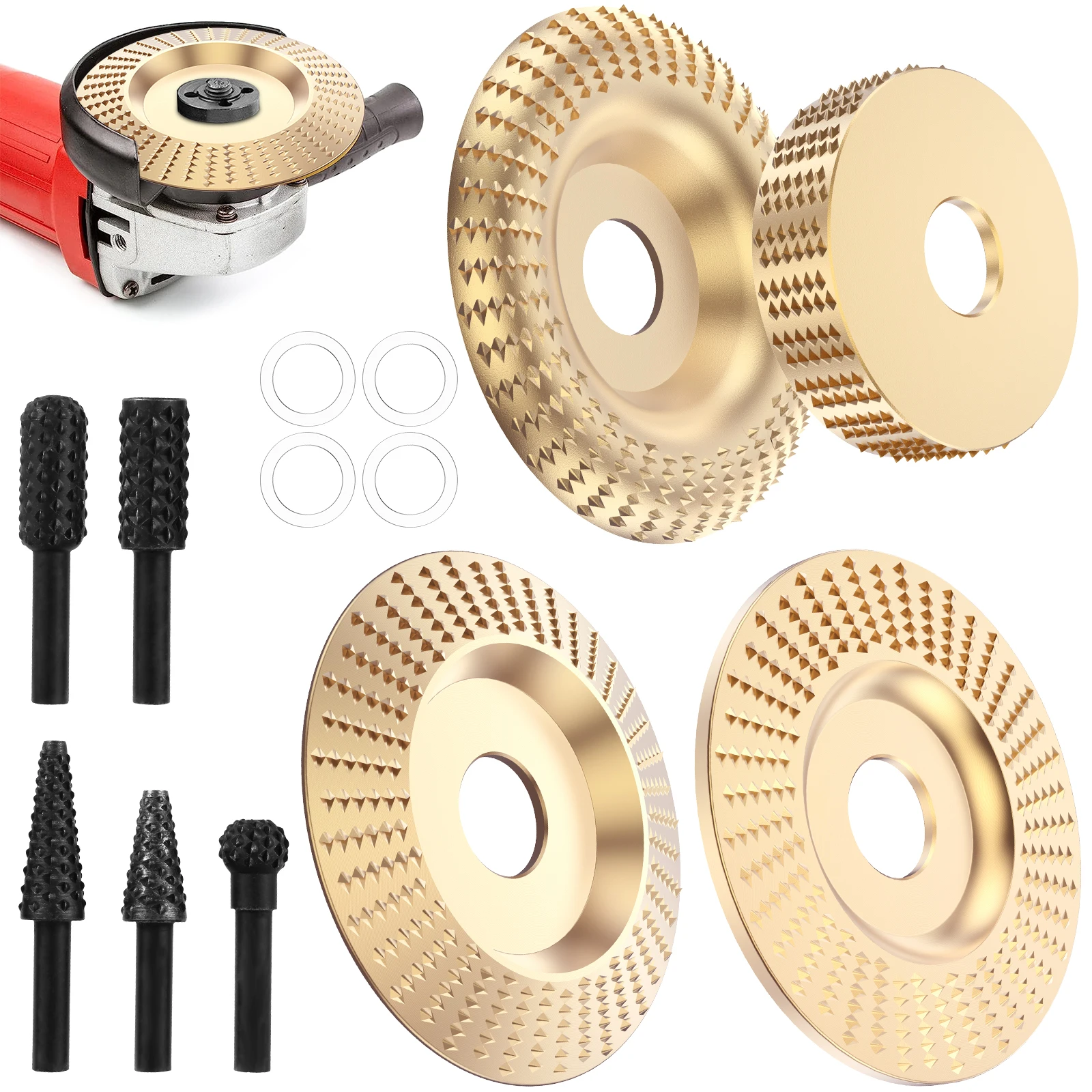 

9Pcs Angle Grinder Wood Carving Disc Woodworking Grinding Wheel 4inch Abrasive Disc Rotary Tool 22mm Bore Shaping Sanding Tool