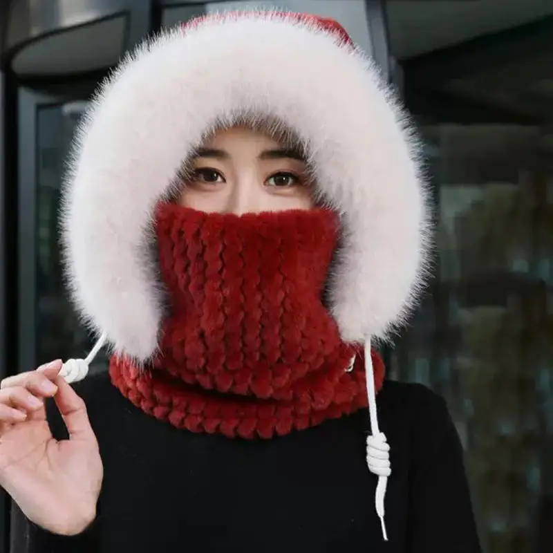 الخريف والشتاء المرأة الحرارية أفخم قبعة هود وشاح وقناع حماية الأذن يندبروف تصميم سميك لركوب الخيل في الهواء الطلق
