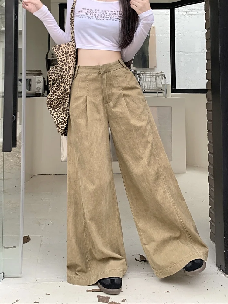 2025 cyber y2k moda angustiado cáqui baggy calças jeans plissadas para mulheres 90s roupas vintage kpop perna larga senhora calças compridas