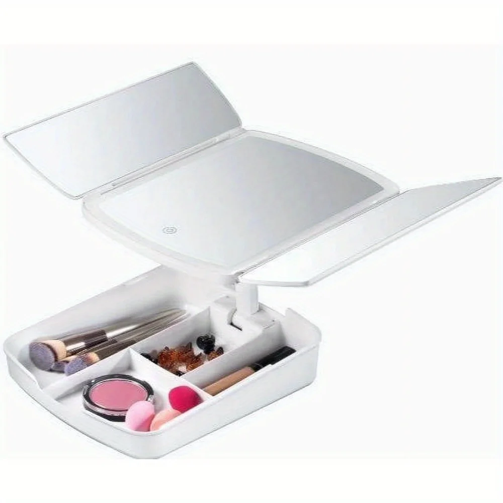 Składane dwustronne lustro kosmetyczne z podświetleniem i powiększeniem 10x. Składane lustro