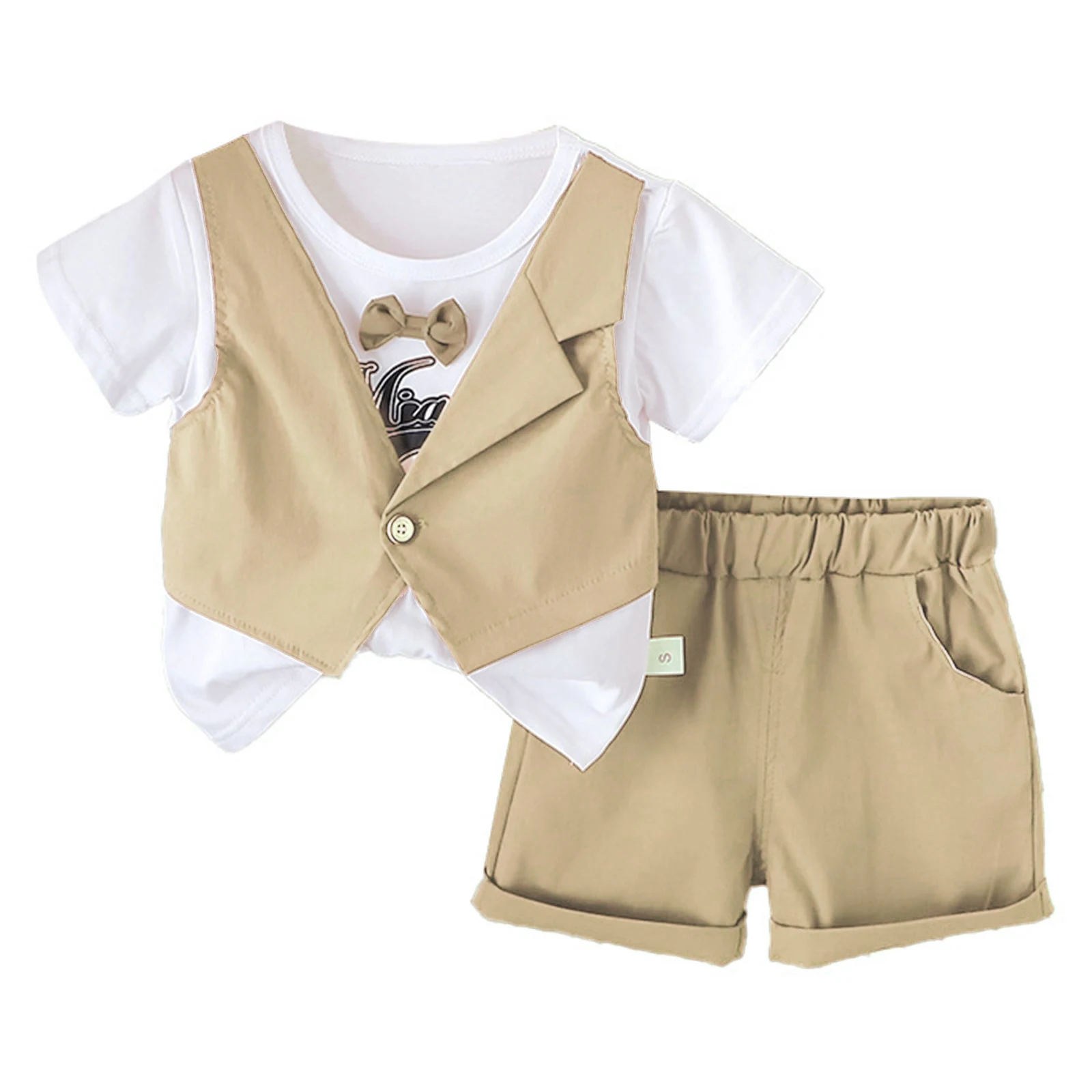 

Kids Baby Boys Gentleman Suit Short Sleeve Bowknot T-shirt with Fake Waistcoat And Shorts Birthday Party Outfit Summer Clothes