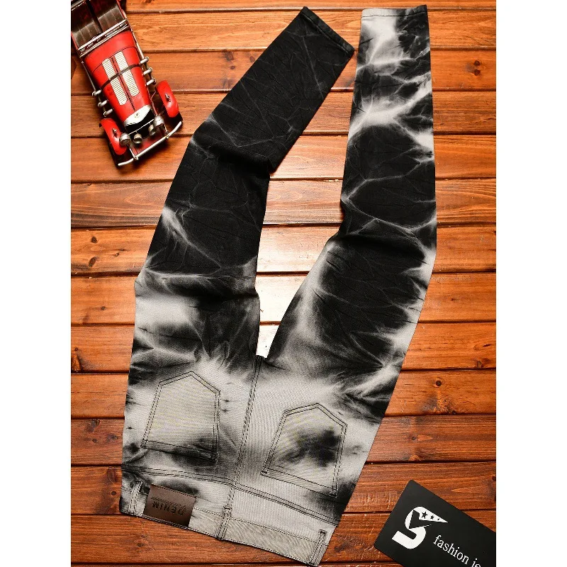 عصرية وشخصية التعادل صبغ أبيض وأسود مختلط الألوان تصميم الجينز الرجال تمتد سليم صالح الاتجاه الرجعية السراويل الطويلة