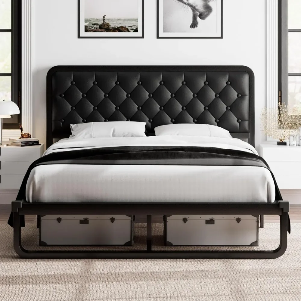 

Queen Size Bed Frame, Upholstered Bed Frame with Heavy-Duty Metal Steel Slats, Diamond Tufted Headboard, 12" Storage Space,