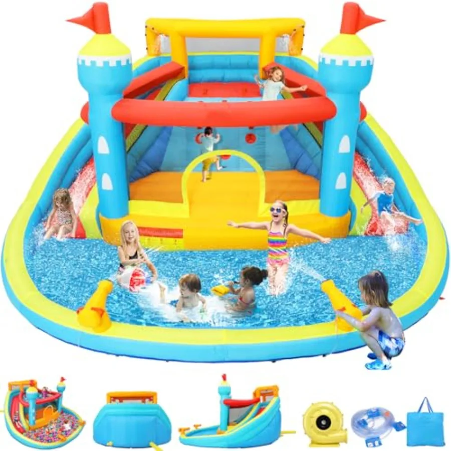 Casa inflável do salto da corrediça da água 14.1x13.8x7.5ft duplo pista mega parque aquático com grande parede de escalada 2 canhão de água e gigante s