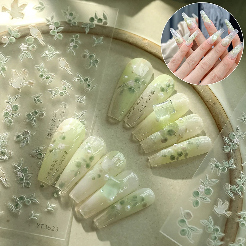5D Embossed Chinese Style Nail Stickers Green Plum Oriole Self Adhesive Nail Art Decoration Decals Accessories DIY