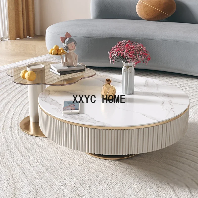

Multifunctional Rotating round Stone Plate Coffee Table Living Room Home Glass Petals French Style