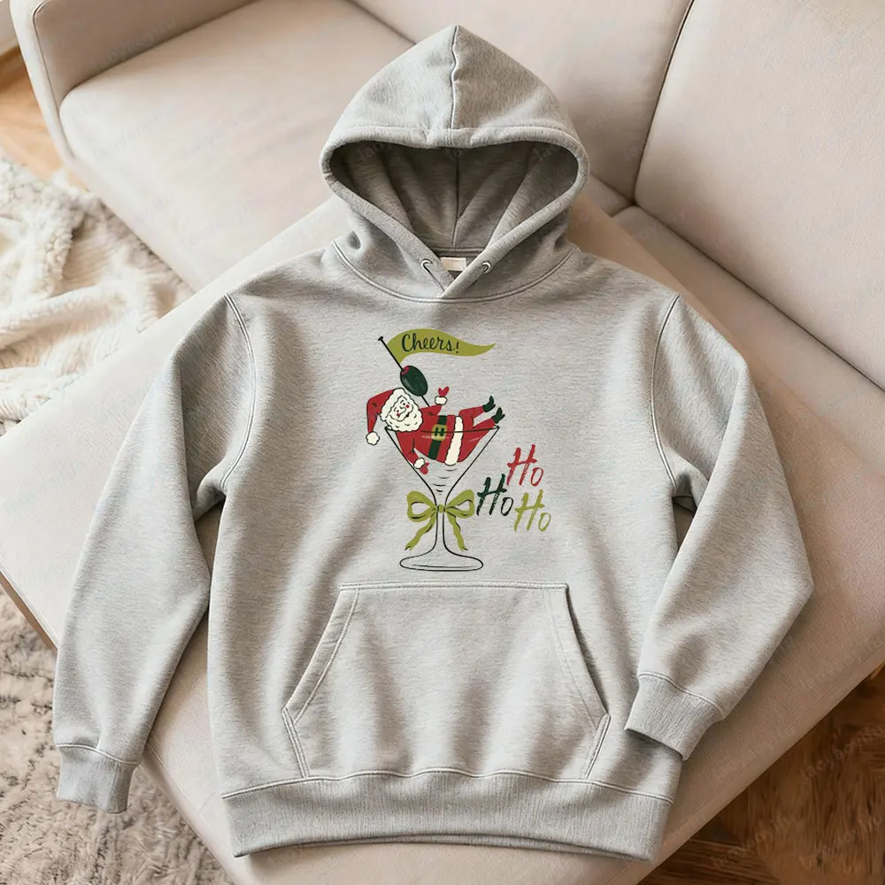 ホーホーホークリスマスマティーニスウェットシャツ面白いサンタクロースパーカークリスマスマティーニ女性服かわいいサンタギフトパーカーホリデートップス