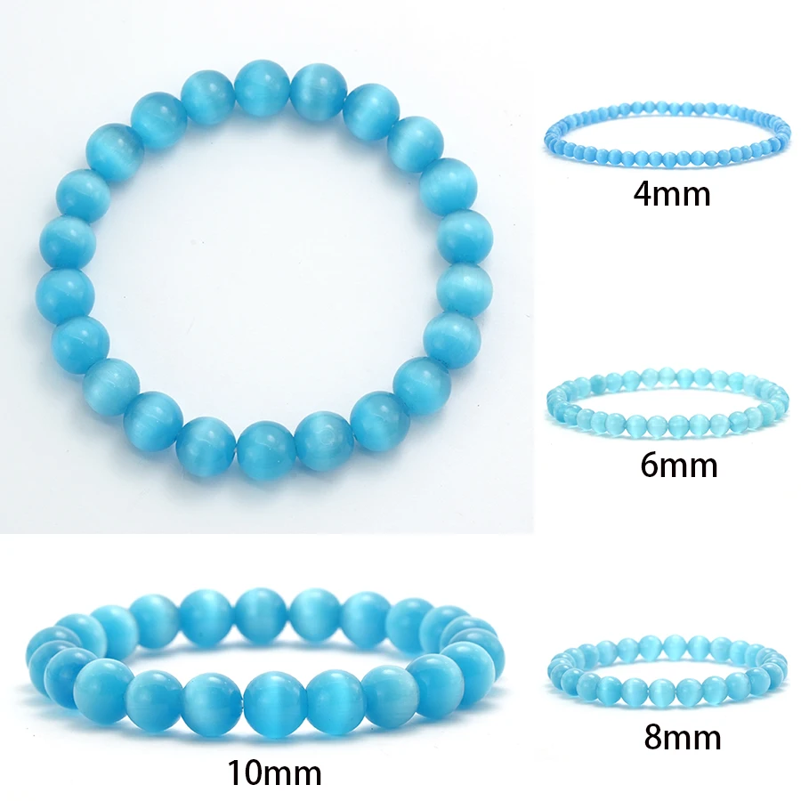 Minimalistisches 4/6/8/10 mm hellblaues Katzenaugen-Stein-Armband für Frauen, Mondstein-Perlenarmband der Güteklasse A, perfektes Geschenk für Sie Pulsera