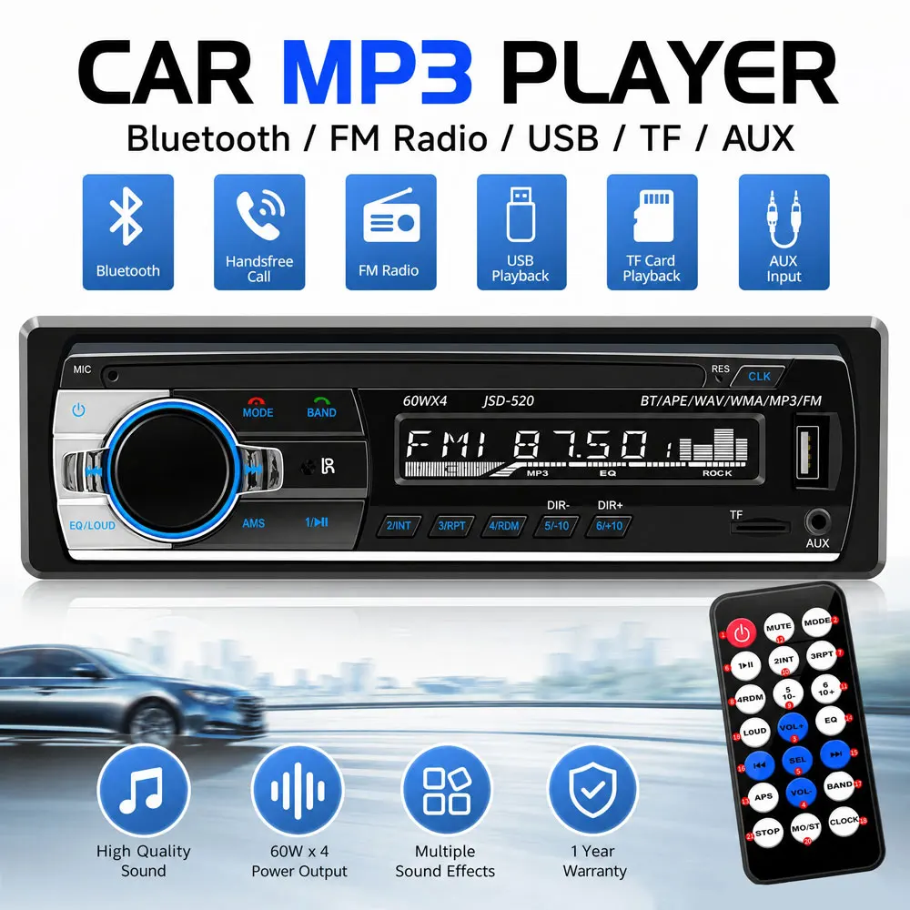 Radio para Auto 1 Din, Reproductor Estéreo MP3 con Bluetooth JSD-520, Manos Libres, Receptor de Radio FM, Carga USB para Teléfono/MP3/AUX/TF, Luces de 7 Colores