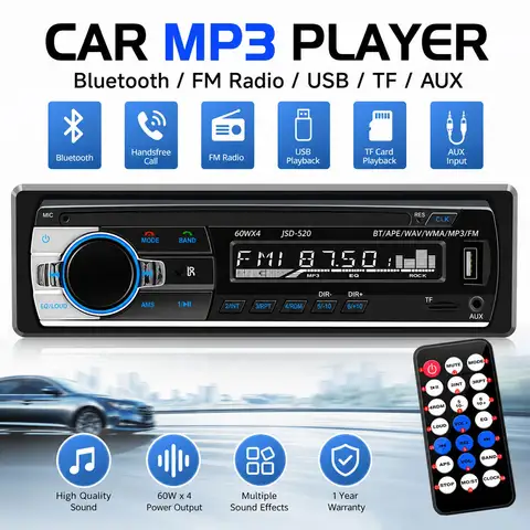 Car Radio 1 Din Stereo MP3 Bluetooth Player JSD-520 Handsfree FM Radio Receiver USB Phone Charging/MP3/AUX/TF 7 Color Lights