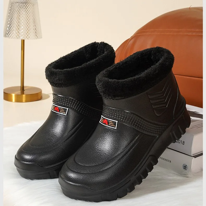 Men Women Winter Plush Lined Rain Boots Waterproof Anti-slip Short Ankle Snow Rain Shoes Warm Work Wellies Kitchen Wash Outdoor
