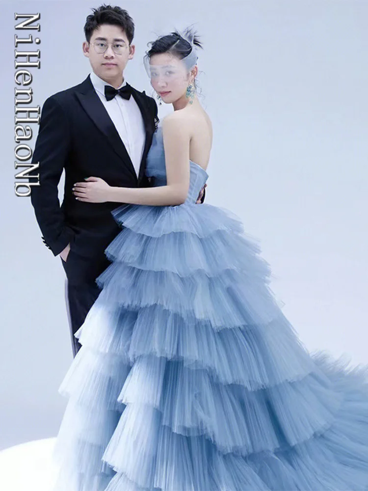 Princess Baby Blue Quinceanera Dresses Strapless Multi-layer Evening Dress Sexy Sweep Tail Party Dress