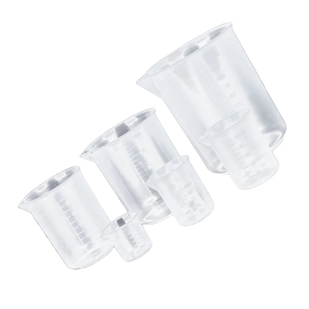 

5pcs Plastic Beaker Durable Graduated School Measuring Cup Chemistry Beaker (50mL+100mL+250mL+500ml+1000mL)