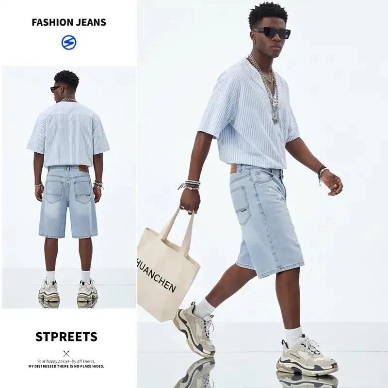 2026 Summer Denim Shorts Men's Thin Lightweight Loose Straight Cut Ripped Casual Style Plus Size Bright Color Knee Length Jeans