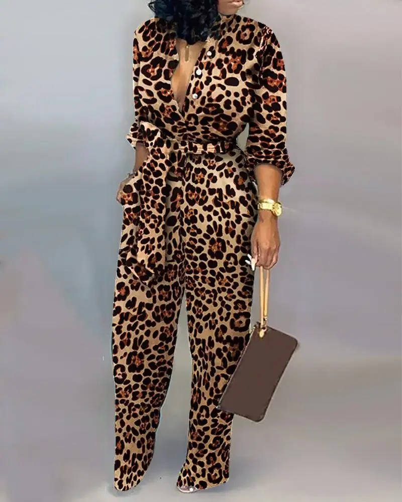 

Leopard Tied Waist Long Sleeve Jumpsuit Women Rompers Fashion One Piece Overalls Casual Jumpsuits Streetwear 2022