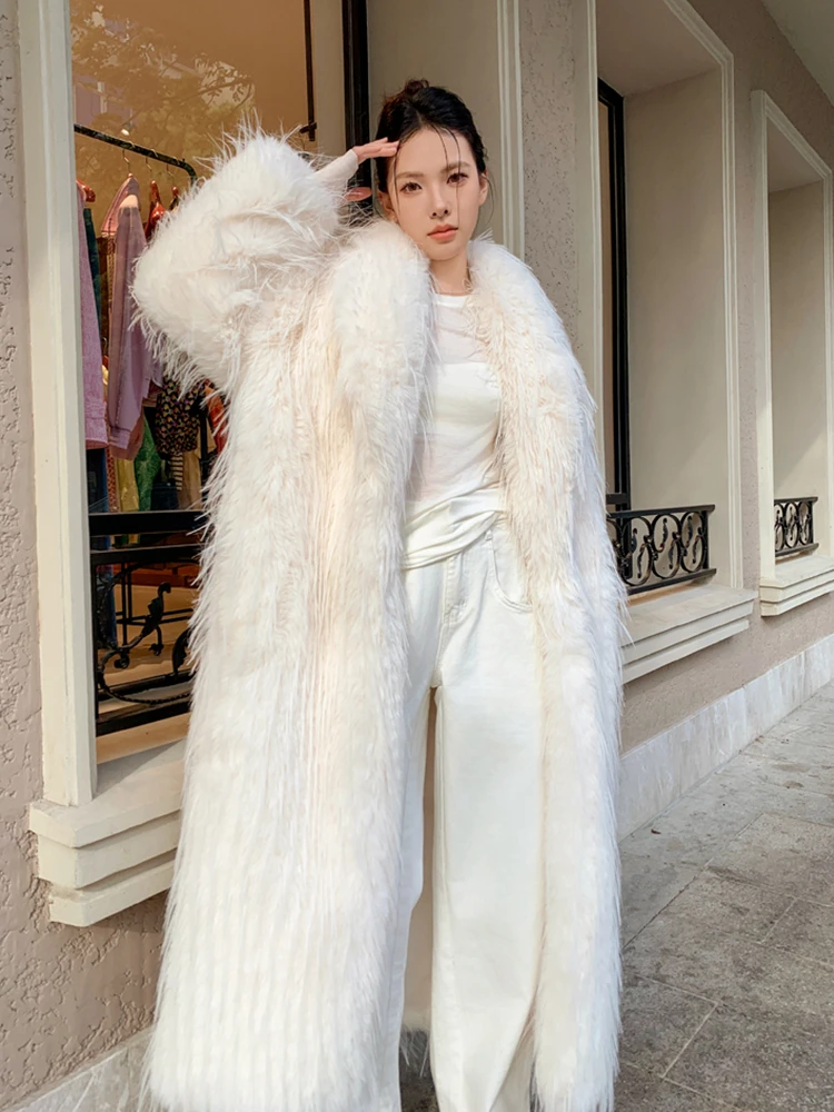 Lady Winter Lapel Faux Fur Coat Stylish Long Jacket Female Streetwear Women\'s Clothing Performance Costume Promotion