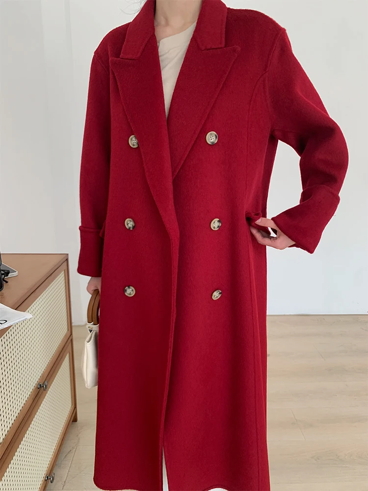

New High-end Double-sided 100% Wool Coat Long Women Elegant Loose Double-breasted Turn-down Long Sleeve Female Clothing Winter