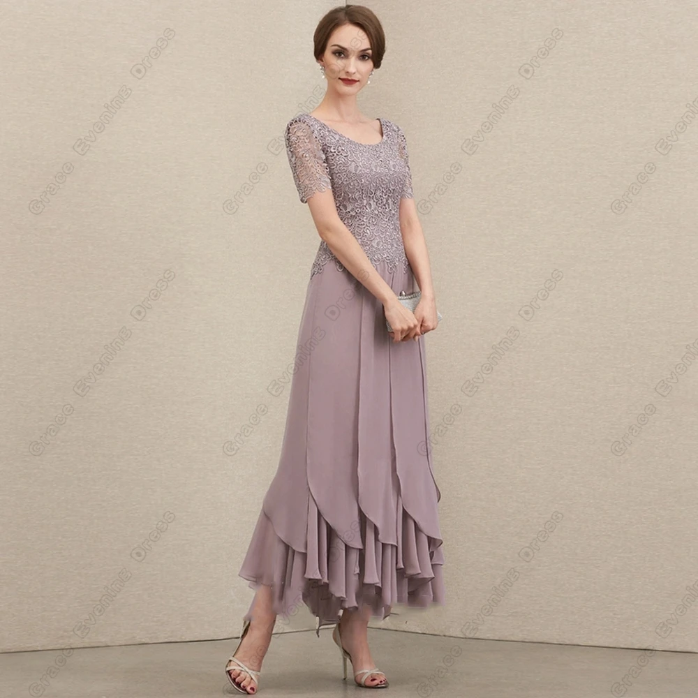 Charming Pink Mother of Bride Dresses with Lace Short Sleeve Wedding Party Dresses Chiffon Ankle Length Vestidos De Noche 2025