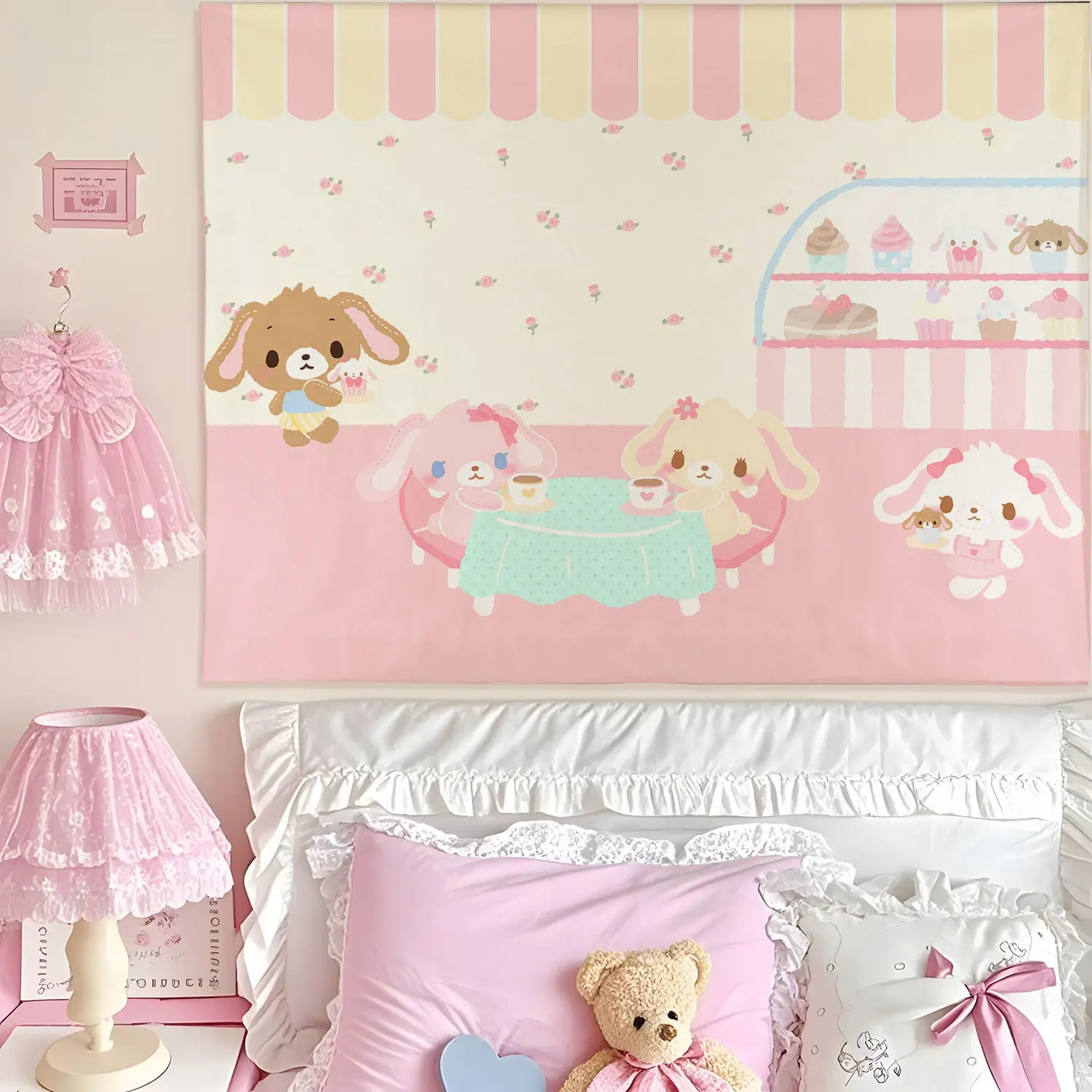 Sanrio Cartoon-Themen Bedruckter Wandteppich Niedlicher Cartoon-Stil Fantasy-Hintergrund Heimdekoration Mädchenherz Bedruckter Wandteppich