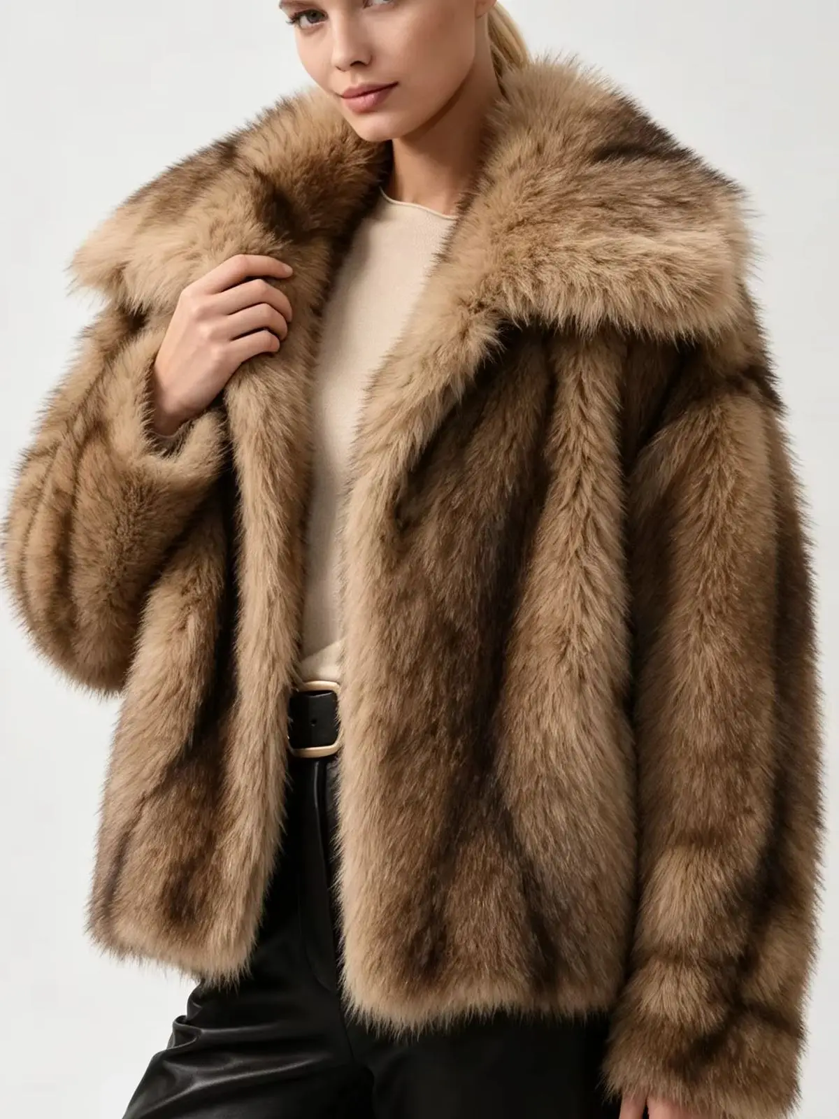 RU Women Big Lapel Faux Fur Jacket Long Sleeve Loose Short Plush Outerwear
