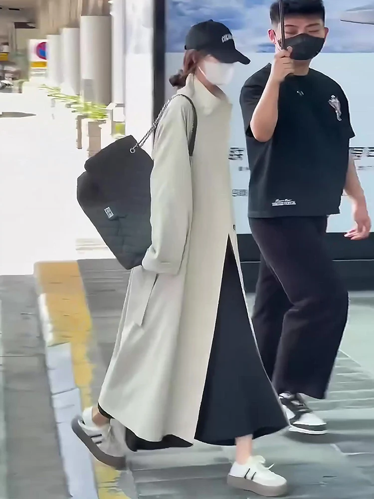 เสื้อโค้ทผู้หญิงสีเบจ สไตล์ลำลอง สำหรับฤดูใบไม้ร่วงและฤดูหนาว ทรงยาว คอตั้ง ติดกระดุมสองแถว ทรงหลวม สไตล์สบายๆ แฟชั่นลำลอง