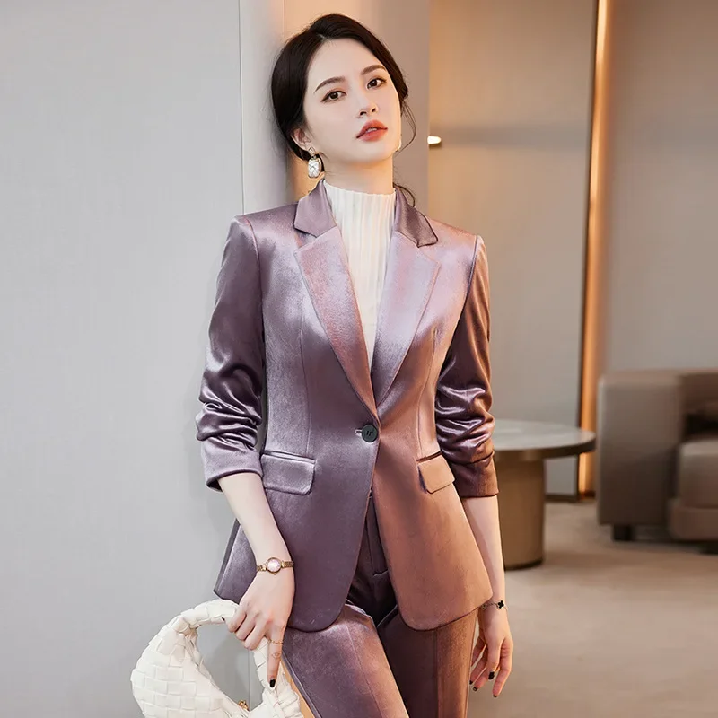 Velvet Formal Women Suit Pants Set Jacket+Trouser 2-Piece High Quality Korean Female Autumn Winter Shiny Warm Work Wear Coat