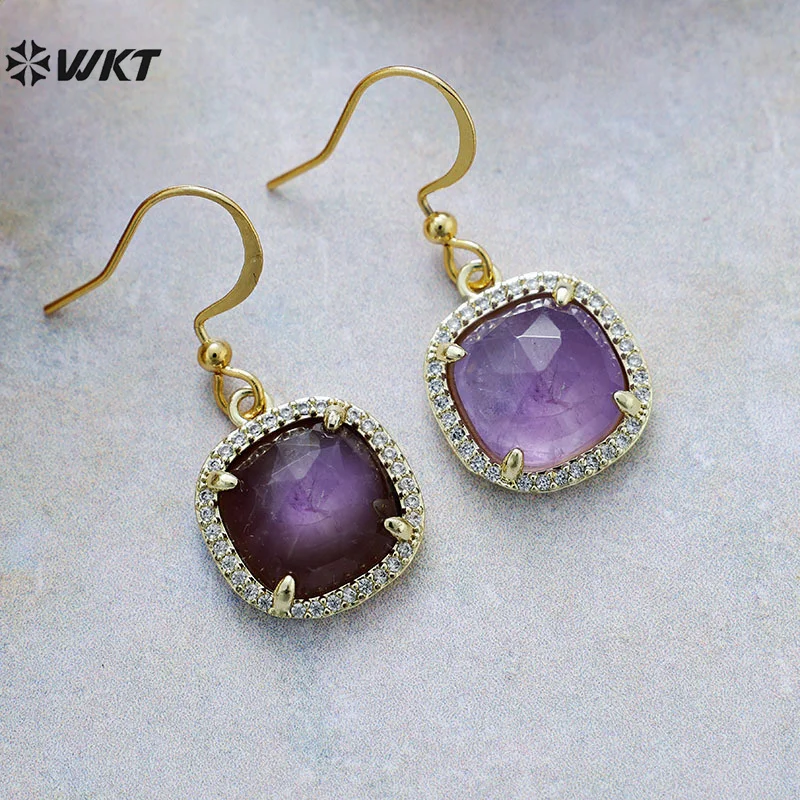 WT-E781 Porcelain High Quality Gemstones Women Earrings Natural Amethyst/ Amazonite Stone Square Shape For Birthday Gift