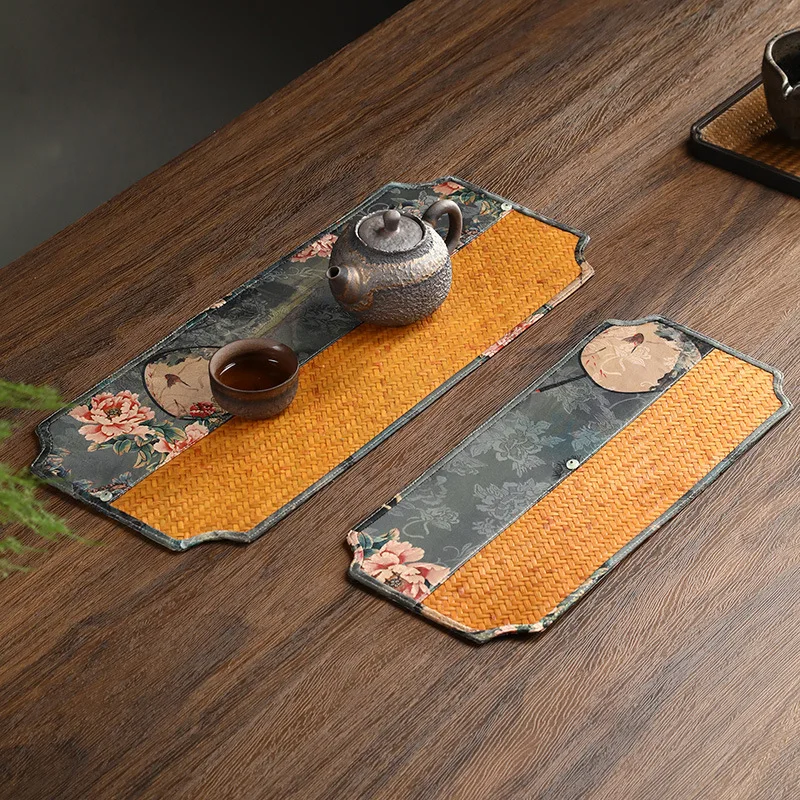 HeMu Bamboo Woven Satin Tea Mat Handmade Double-sided Chinese Style Zen Dry Foam Mat Tea Table Flag Tablecloth Tea Cloth