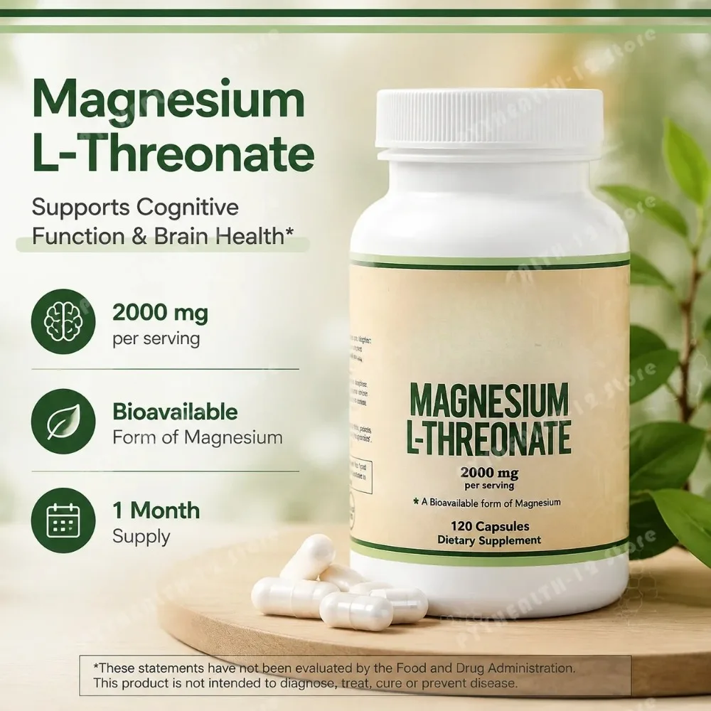 Magnesium L-Threonate Capsules 2000mg with High Absorption Formula for Brain, Focus & Sleep Support, Vegetarian, 120 Count