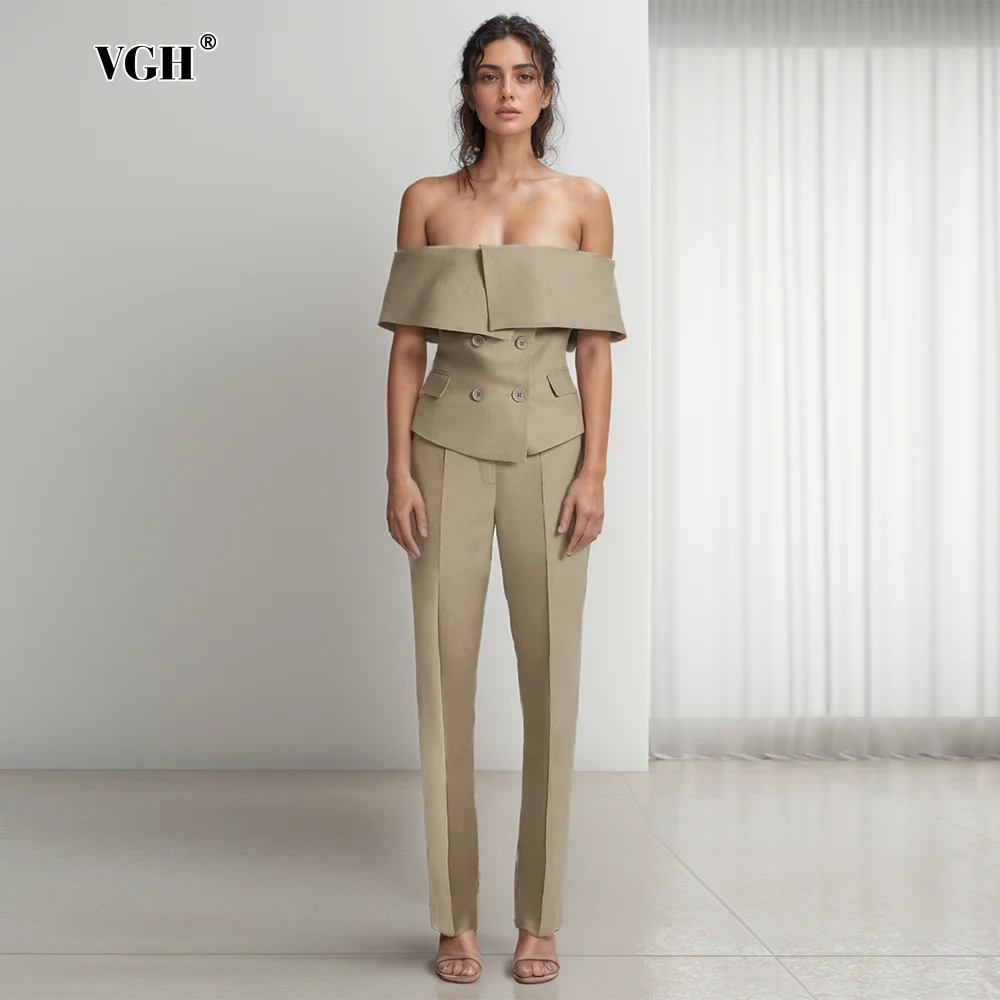 

VGH Sexy Off Shoulder Blazers For Women Slash Neck Sleeveless Patchwork Double Breasted Soild Slimming Blazer Female Fashion New