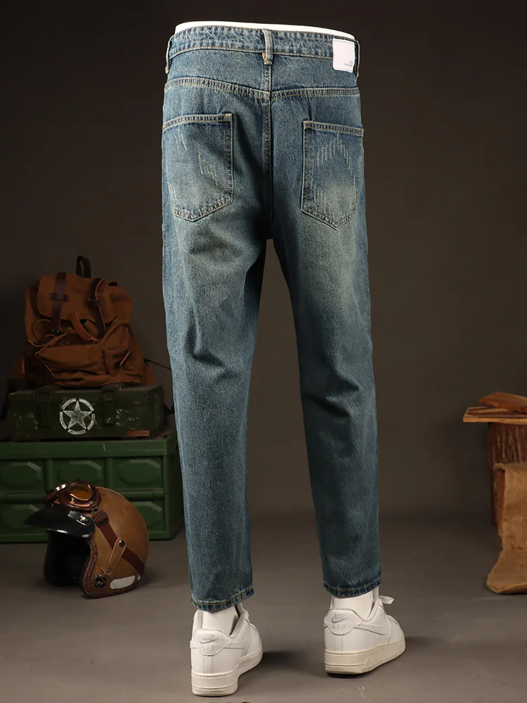 

Летние тонкие модные брендовые свободные прямые рваные джинсы в американском стиле ретро, мужские молодежные модные укороченные брюки больших размеров